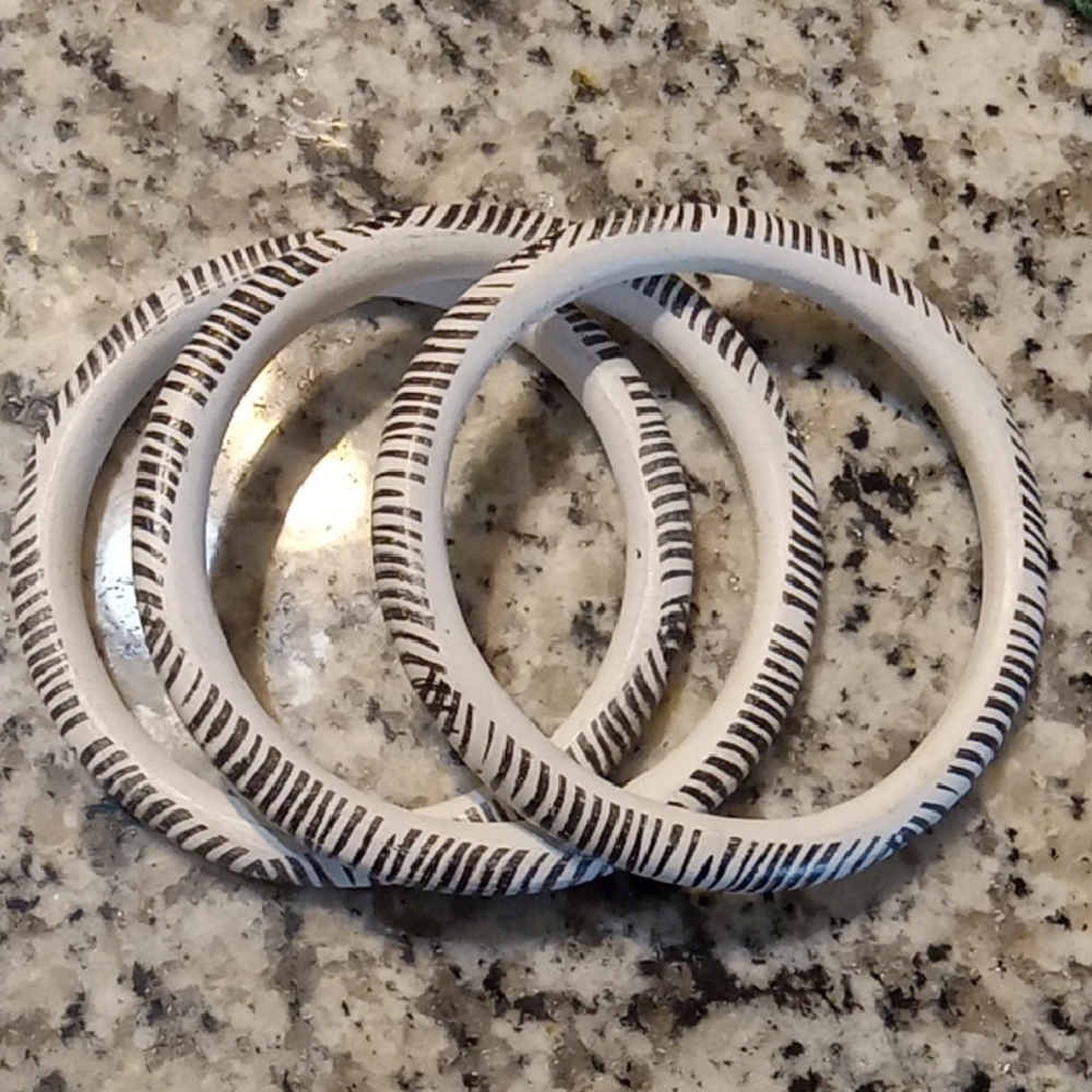 Fashion Jewelry White and Black Striped Wood Bangle Bracelets - Set of 3